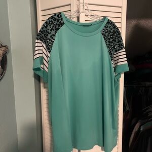 SHEIN Teal Top with Leopard and Stripe Sleeves